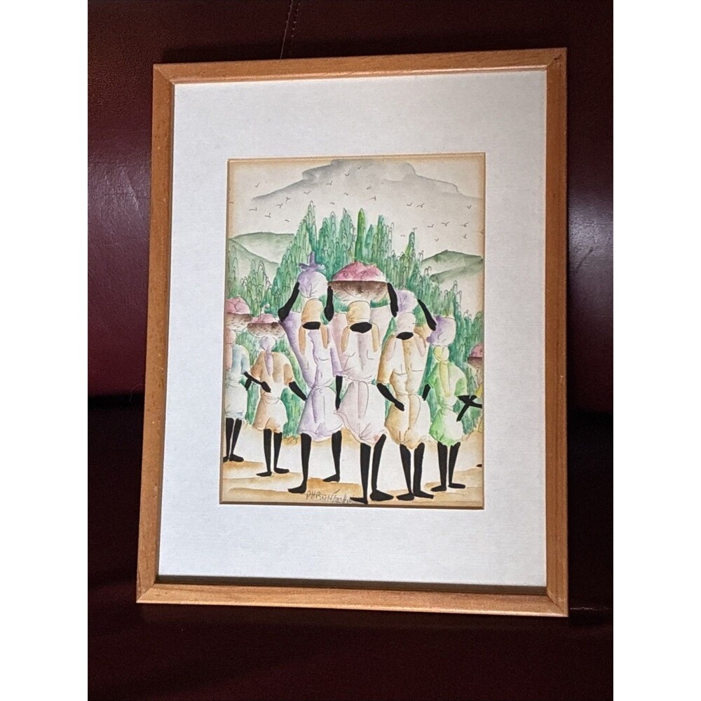 Vintage Original Haitian Folk Art Watercolor Painting by Frantz Charles